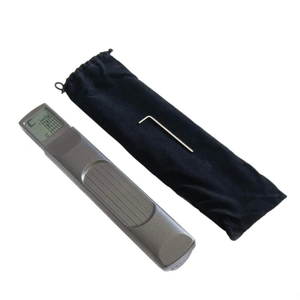 A black fabric pouch containing a pocket guitar chord trainer with a silver LCD display.