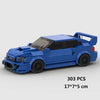 A blue classic rally car building block set with a black roof and detailed features.