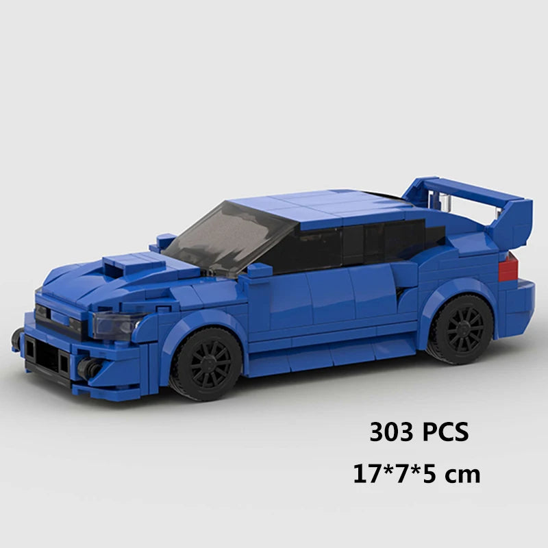 A blue classic rally car building block set with a black roof and detailed features.