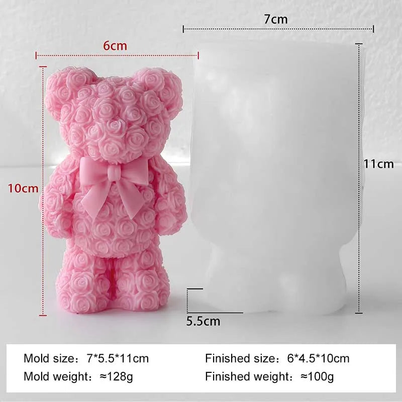 Pink rose bear silicone candle mold with a bow shown next to its finished size.