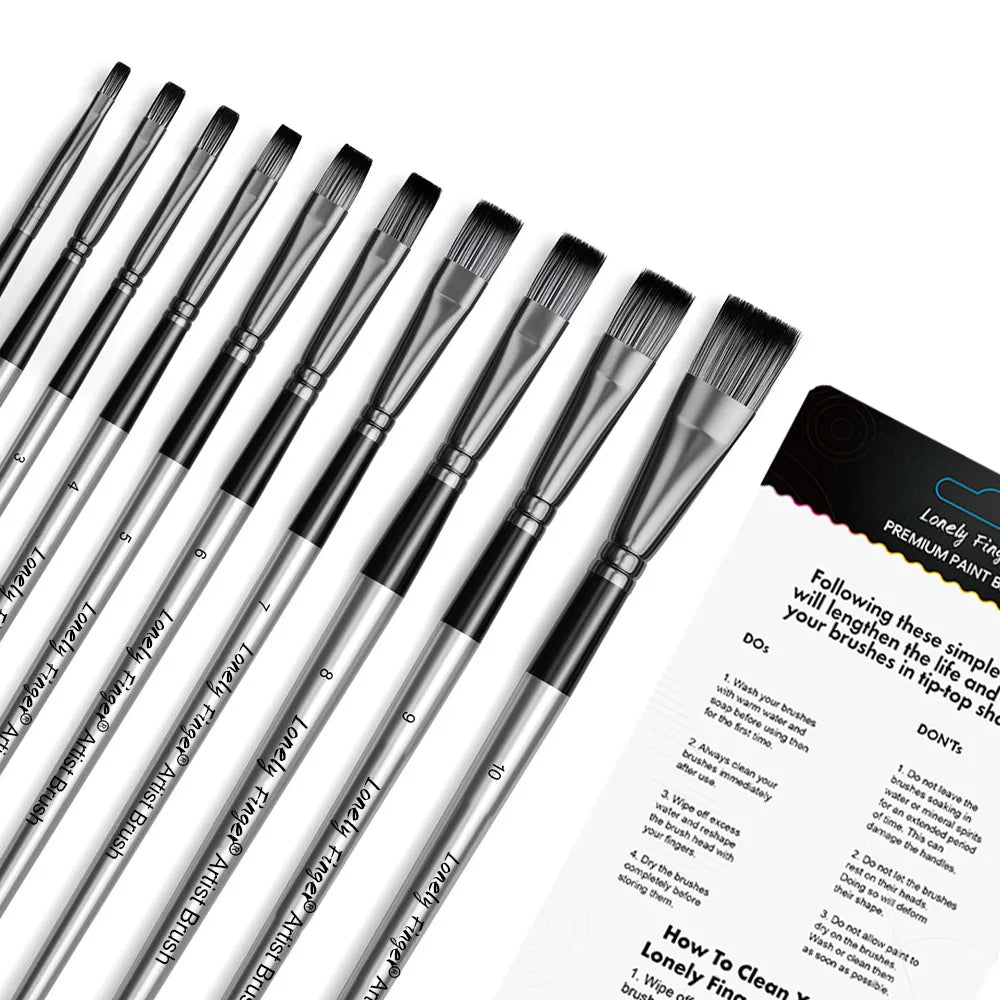 10-Piece Flat Paint Brush Set for Artists – Acrylic, Watercolor, Oil & Gouache