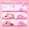 Five steps showing the production process of a squeezing toy kit including mixing, molding, and curing.