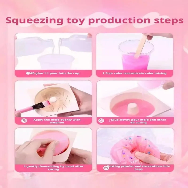 Five steps showing the production process of a squeezing toy kit including mixing, molding, and curing.