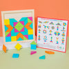 A wooden geometric shape puzzle block featuring colorful triangles and squares, displayed next to its packaging.