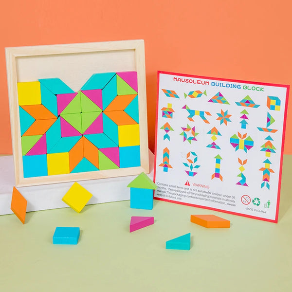 A wooden geometric shape puzzle block featuring colorful triangles and squares, displayed next to its packaging.