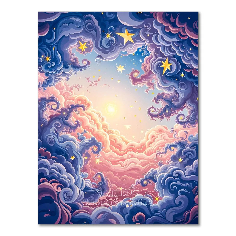 A painting kit depicting a night starry sky scenery with swirling clouds in shades of purple, pink, and blue.