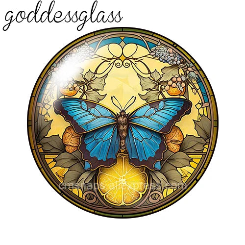 Round glass cabochons for jewelry making featuring a detailed butterfly and floral design.