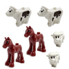A set of six African wildlife animal building blocks, including a white goat, two brown horses, and one white sheep.