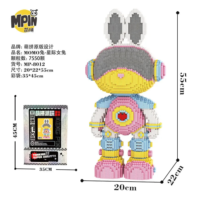A colorful bear-shaped micro building block kit featuring pink, yellow, and blue pieces.