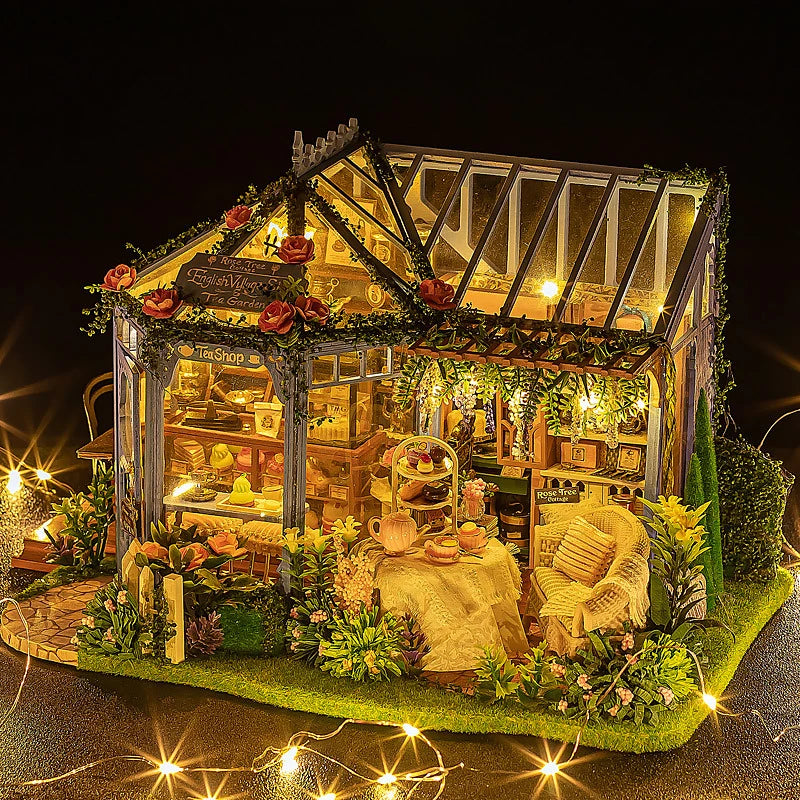 Wooden Dollhouse Kit with Furniture and Lighting