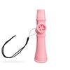 A pink portable kazoo flute with a lanyard attached, shown vertically.