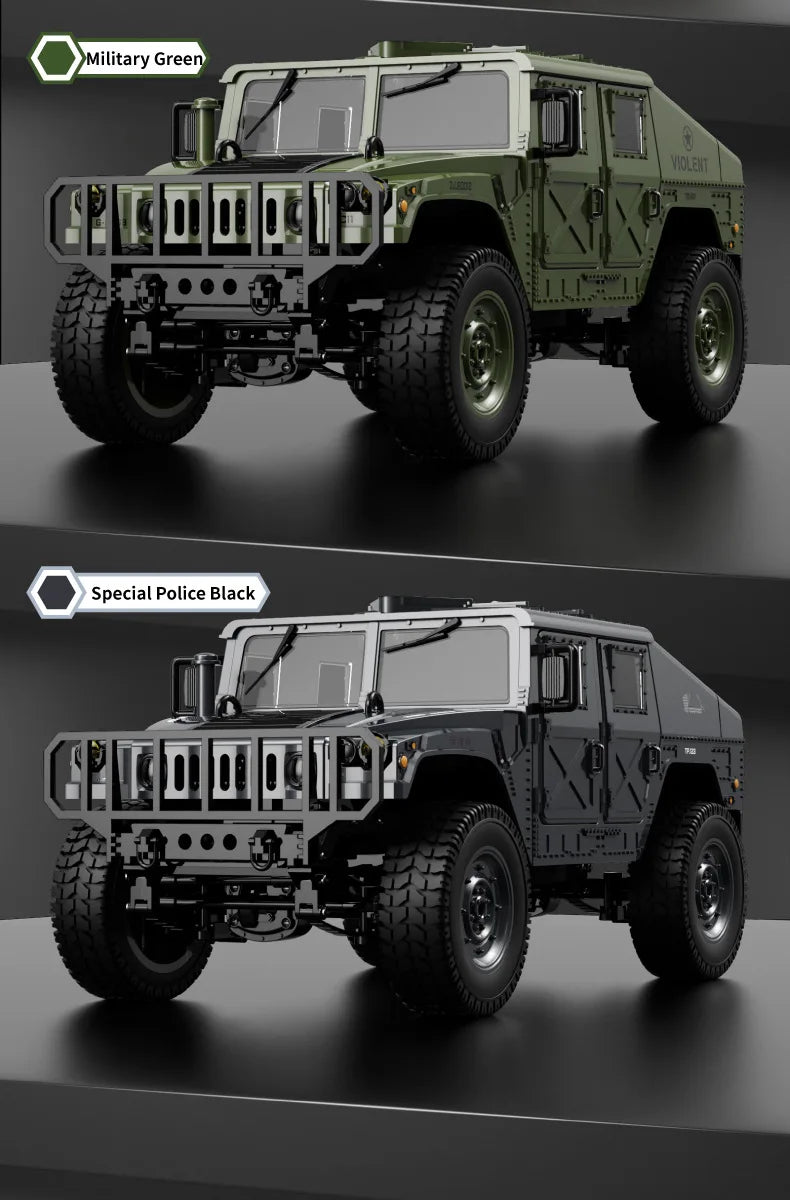 A 1:12 scale 4WD all-terrain RC off-road climbing car in Military Green and Special Police Black.