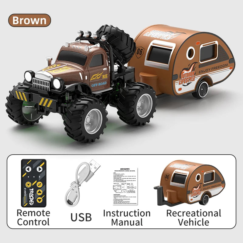 Brown RC off-road truck with a camper trailer, featuring remote control and USB power.