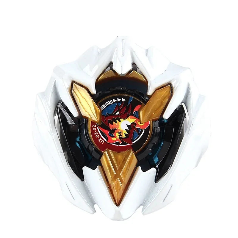 White metal spinning top with a black and gold design featuring an aggressive face.