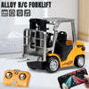 A yellow and black 1:64 scale alloy RC forklift truck with a remote control transmitter and smartphone visible.