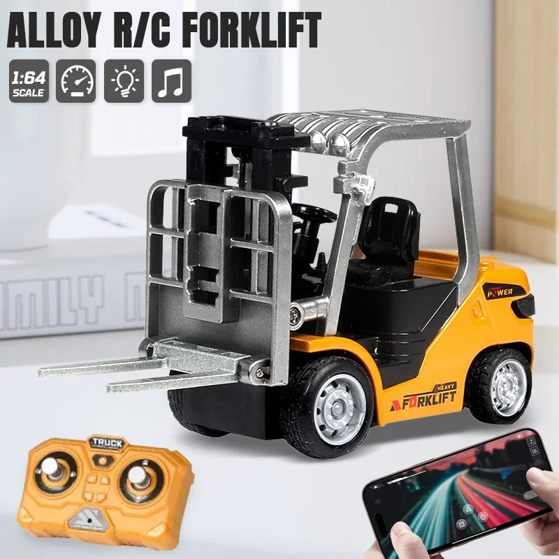 A yellow and black 1:64 scale alloy RC forklift truck with a remote control transmitter and smartphone visible.