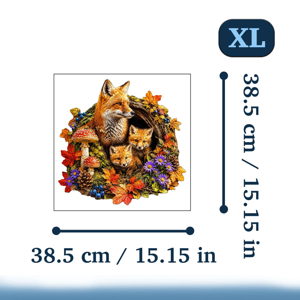 An XL jigsaw puzzle depicting a fox nestled in a wreath of autumn foliage and forest elements.