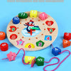 A wooden clock with various numbers and shapes, including a penguin figure, used for early learning and time management.