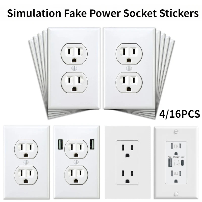 A set of simulation fake power socket stickers in various sizes and configurations.