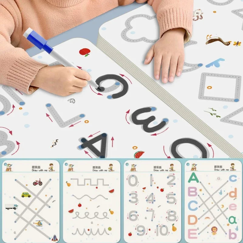 A child is using a reusable tracing workbook with a pen to practice writing and number formation.