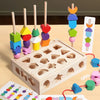A wooden Montessori sorting toy featuring various colored and shaped pieces for toddlers.