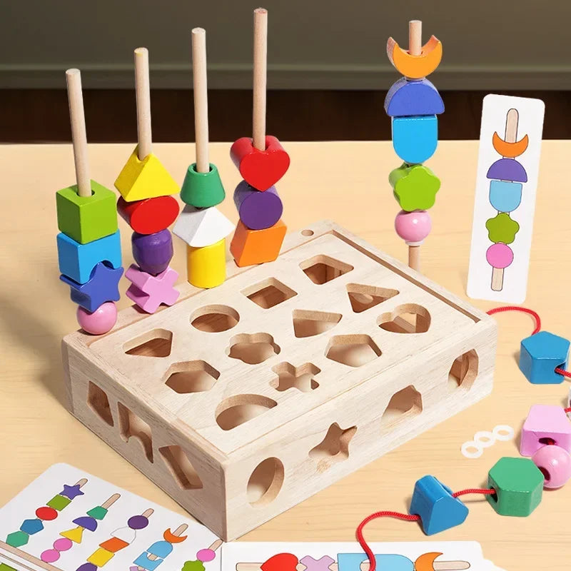 A wooden Montessori sorting toy featuring various colored and shaped pieces for toddlers.