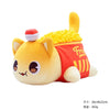 A yellow plush cat doll with pink ears and a red food accessory, resembling a sleeping pillow.