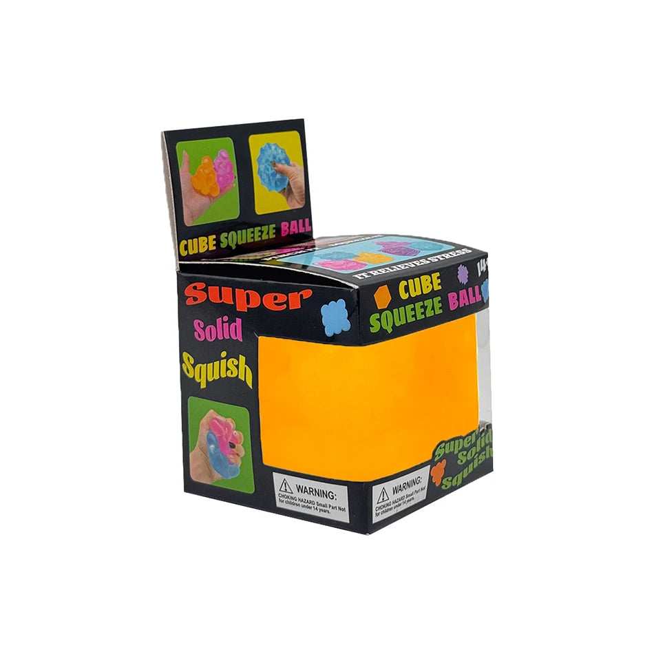 A box of Super Solid Squish Cube Squeeze Ball toys showing colorful squishy balls.