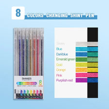 A set of eight color changing shiny pens in various shades including silvery, blue, darkblue, emerald green, gold, orange, pi