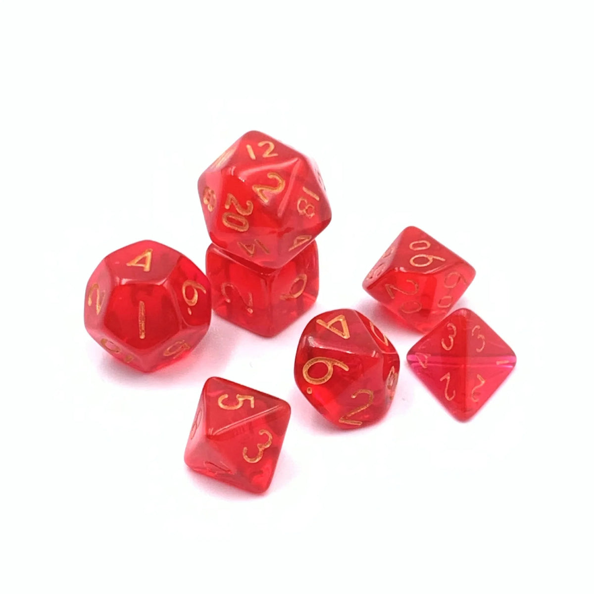 A set of seven transparent red acrylic dice, including a d6, are displayed on a white background.