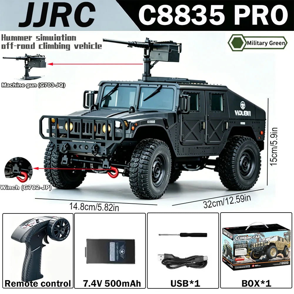 A black remote control off-road climbing vehicle with a machine gun accessory and related components.