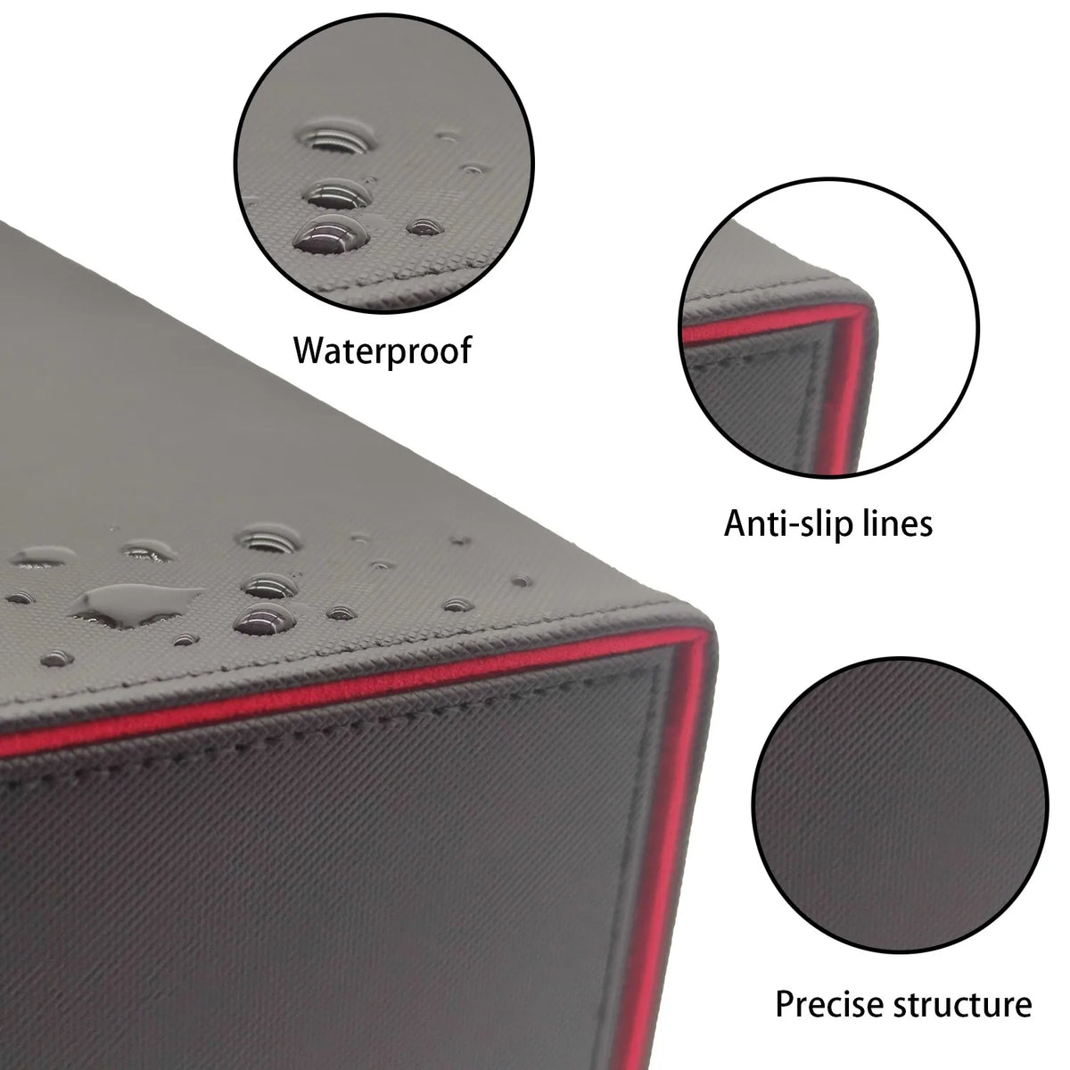 Close-up view of a gray deck box showing waterproof features, anti-slip lines, and a precise structure.