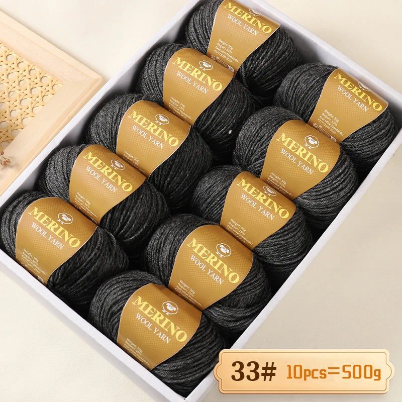 Box of 10 balls of Merino wool yarn labeled 33# weighing 500g
