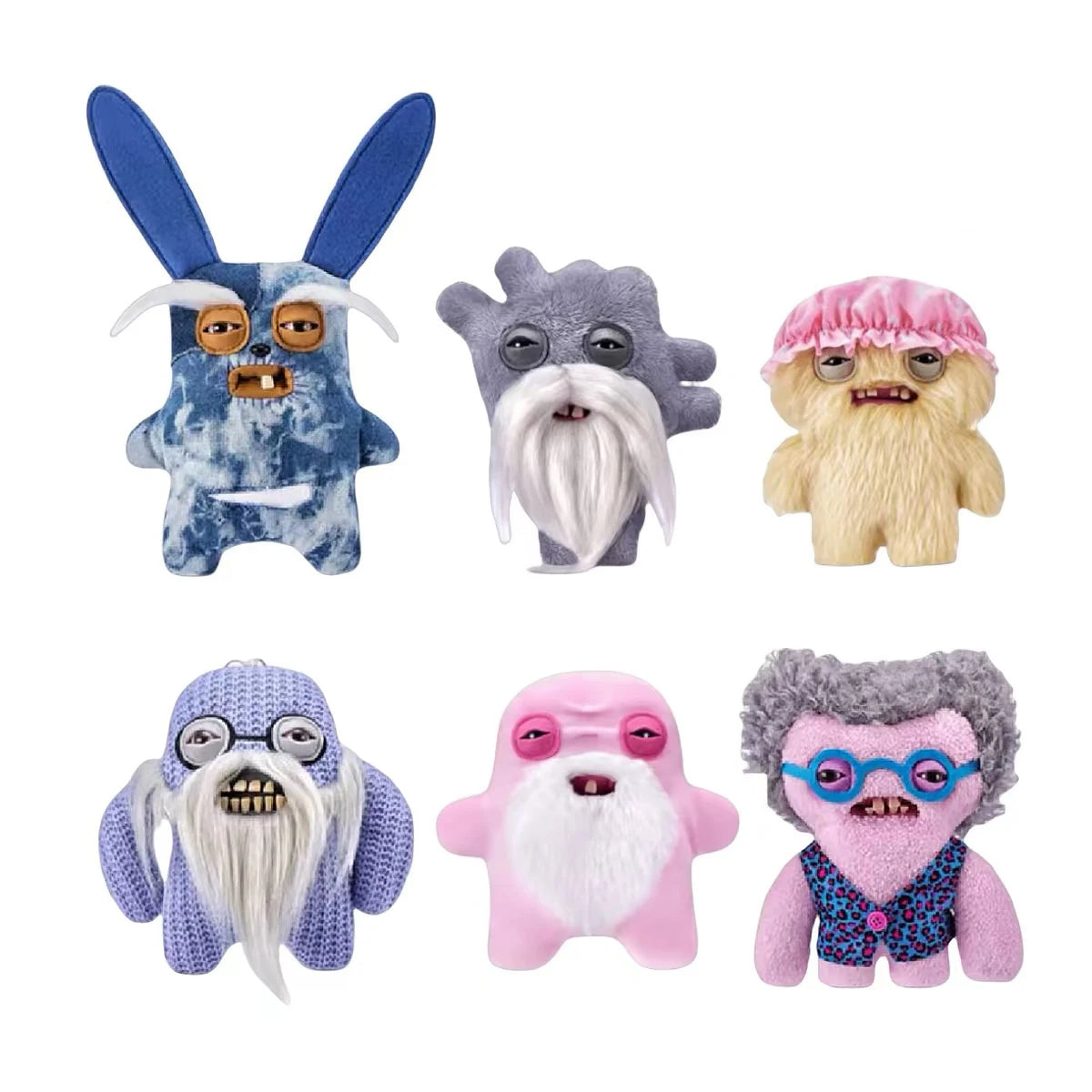 A collection of nine plush monster toys featuring various colors and facial expressions.