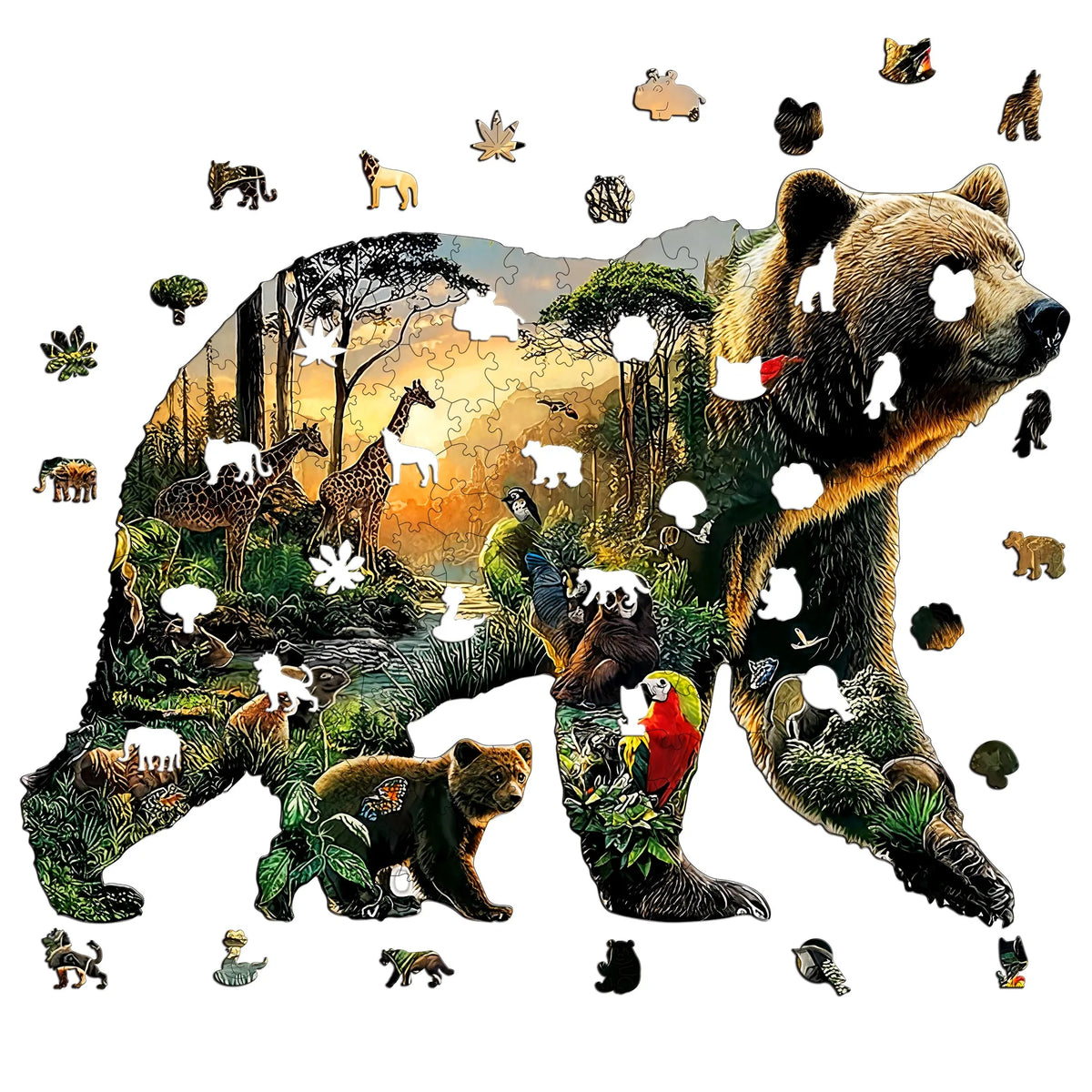 A jigsaw puzzle featuring various bears and animals, including a large bear and many smaller creatures.
