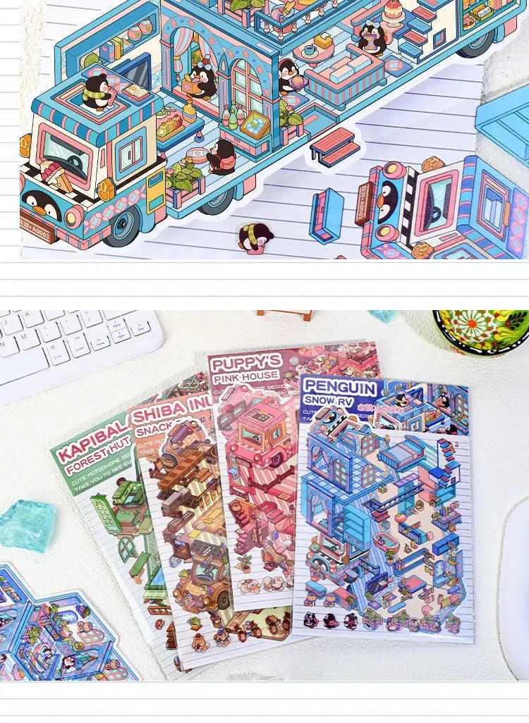 A sticker pack featuring whimsical cartoon penguins and dogs in an RV scene, displayed on white paper.