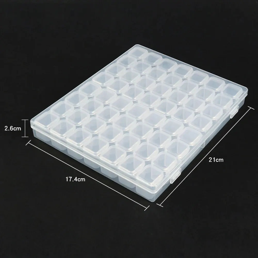A clear plastic diamond painting storage box with multiple individual organizer trays shown from above.