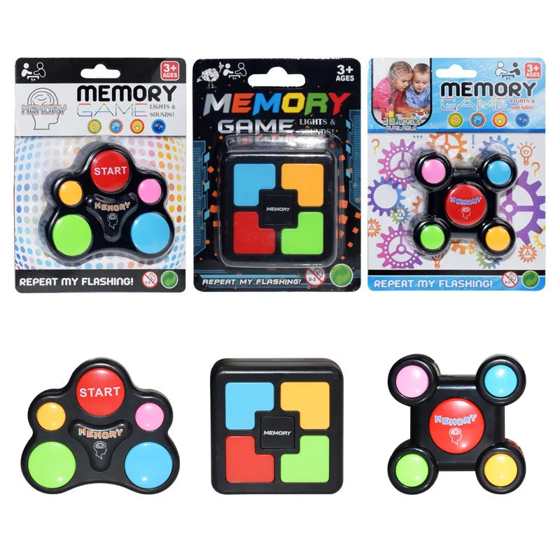 A set of light-up memory games featuring colored buttons and sounds for children.