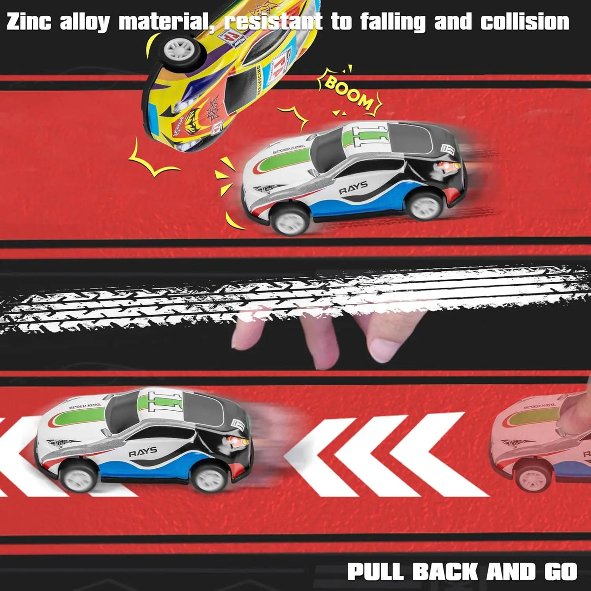 A die-cast mini racing car set demonstrating the resilience of zinc alloy material against falling and collision.