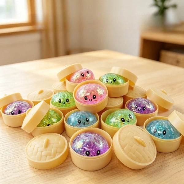 A collection of soft squeeze stress balls in various colors and shapes resting on a wooden surface.