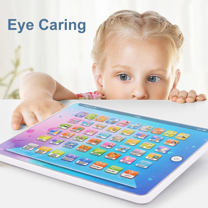 A young girl is looking at an interactive learning tablet displaying colorful educational content.