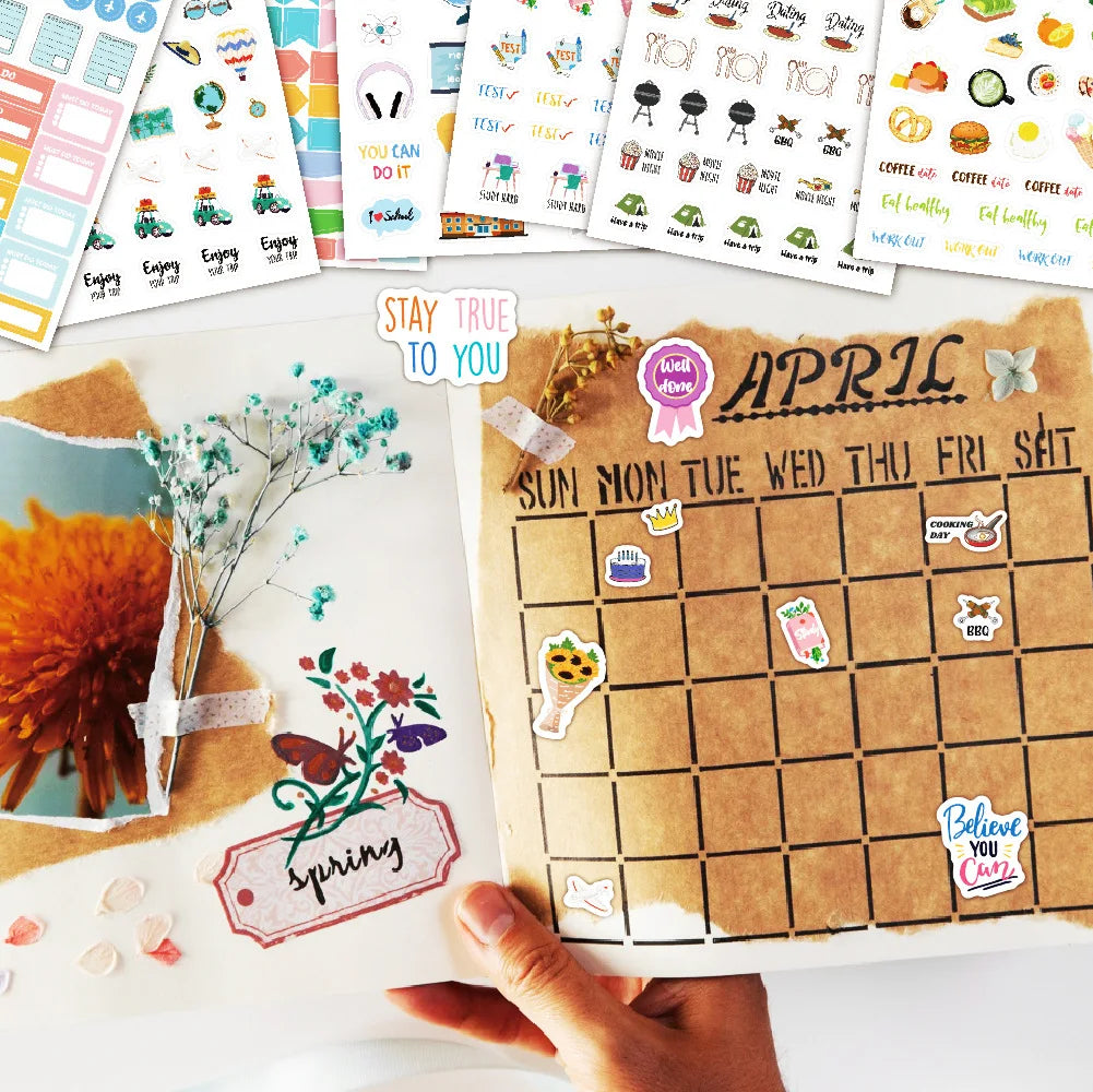 A collection of colorful daily planner stickers featuring seasonal themes like spring and April calendars