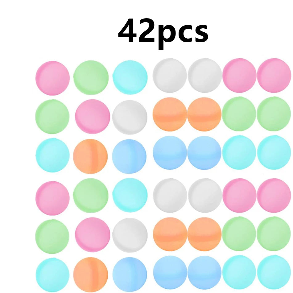 A set of 42 reusable water balloons in various pastel colors including pink, green, blue, and white.