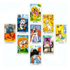 A collection of 12 tarot cards featuring various figures and symbols like The Fool, The Emperor, and The Lovers.