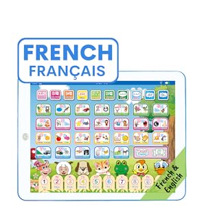 Tablette d'apprentissage bilingue pour enfants affichant diverses applications éducatives et jeux.
