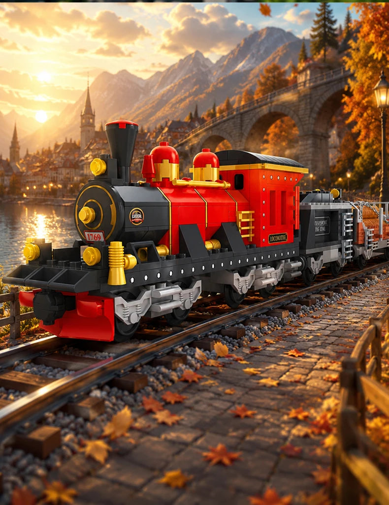A detailed model of a red and black vintage steam passenger train locomotive on a railway track set against a scenic, autumna