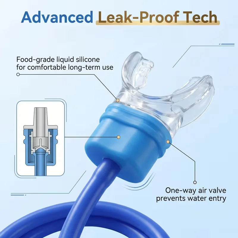 A blue silicone breathing tube with a one-way air valve is shown, demonstrating advanced leak-proof technology.