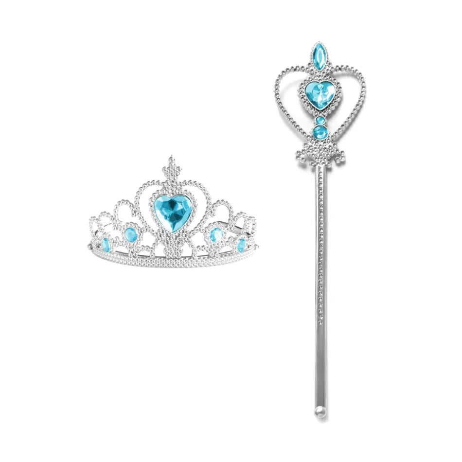 Silver and blue diamond crown necklace set for a royal princess dress-up playset