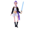 Anime-inspired plush doll collectible set featuring a purple-haired female figure in black and white attire holding a blue sw