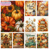 A collection of colorful autumn scenery images featuring pumpkins, leaves, and harvest themes for a diamond painting kit.